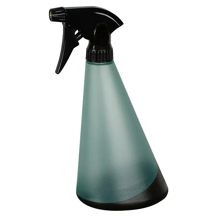 Geli Handsprüher Capri - Eukalyptus Transparent, 0,75 l - Sprühflasche in Grün und Schwarz. Das Bild zeigt eine Sprühflasche mit einem schwarzen Sprühkopf und einem grünen Behälter auf schwarzem Hintergrund.