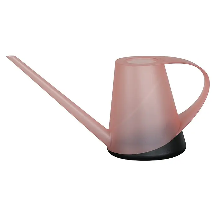 Geli Gießkanne Capri - Zartrosa Transparent, 1,3 l - Eine zartrosa Gießkanne mit einem langen Ausguss und einem schwarzen Sockel, ideal für Zimmerpflanzen.