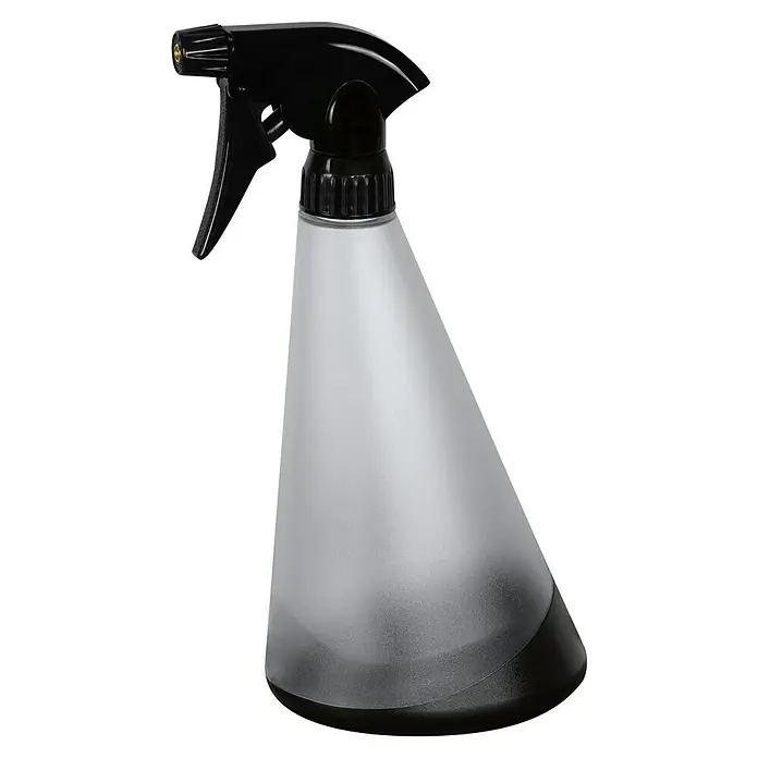 Geli Handsprüher Capri - Transparent, 0,75 l - Eine Sprühflasche mit schwarzem Sprühkopf und einem transparenten, konisch geformten Behälter. Ideal für Gartenarbeit und Haushalt.