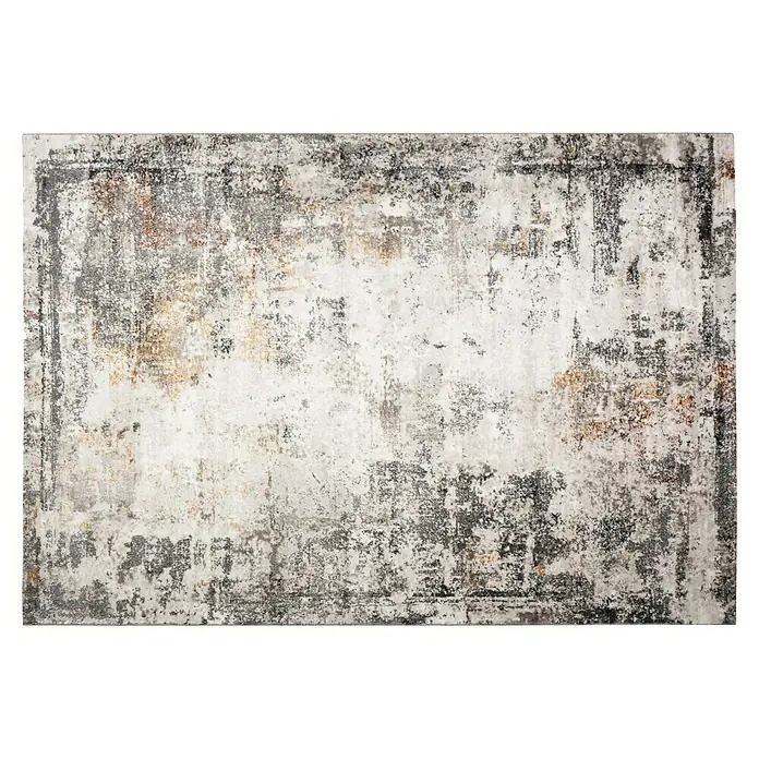 Alfombra de pelo corto Hermes - Gris, 290 x 200 cm, 100% Poliéster - Una alfombra con patrón abstracto en tonos de gris, blanco y marrón, con un aspecto descolorido y de estilo vintage.
