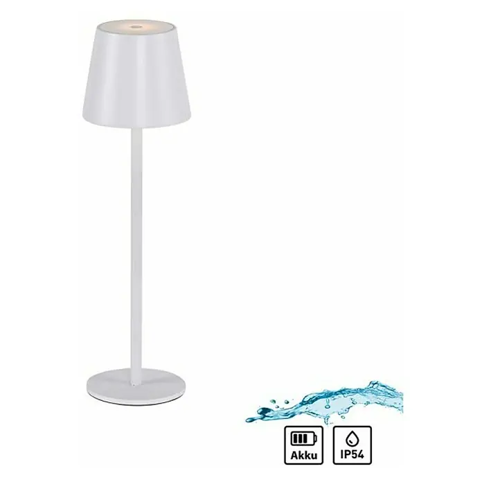 Just Light Lámpara de sobremesa a batería Euria - 3 W, L x An x Al: 11 x 11 x 37 cm, Blanco cálido, Blanco - Lámpara de mesa inalámbrica blanca con pantalla cónica, ideal para uso interior y exterior. Funciona con batería y es resistente al agua.