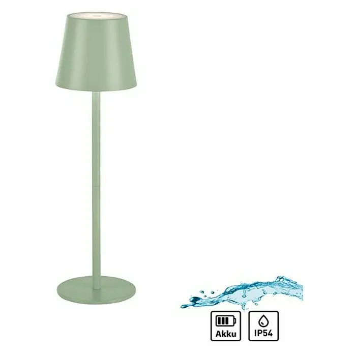 Just Light Lámpara de sobremesa a batería Euria - 3 W, L x An x Al: 11 x 11 x 37 cm, Blanco cálido, Verde - La imagen muestra una lámpara de mesa verde menta con una pantalla. Es inalámbrica, funciona con batería y tiene una clasificación IP54, lo que la hace resistente al agua.