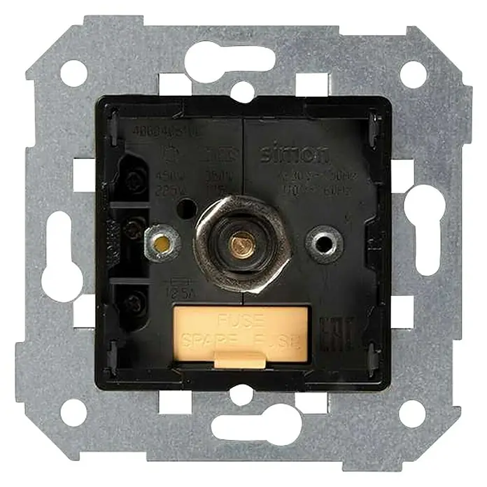 Simon 75 Mecanismo regulador de luz - Negro, Colocar, Aluminio - Primer plano de un regulador de intensidad Simon con fusible y fusible de repuesto. Un marco plateado rodea la carcasa negra y cuadrada.