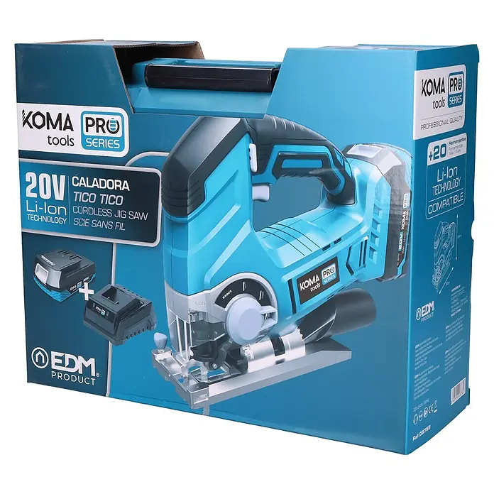 Koma Tools PRO Series Sierra de calar de batería - 20 V, 1 batería, 2 Ah, 2.300 /min - La sierra de calar Koma Pro en su caja. Esta herramienta eléctrica tiene un mango azul y una batería, diseñada para trabajos de calidad profesional.
