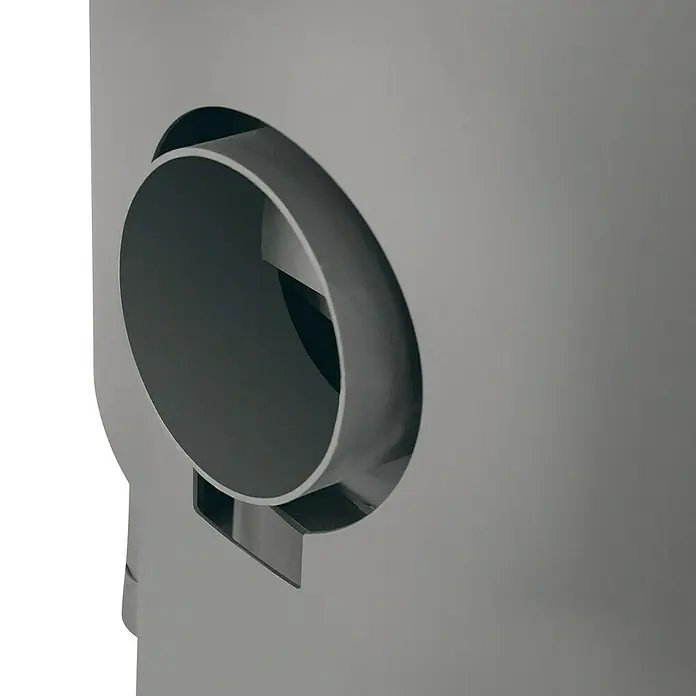 Justus Kaminofen Mino 2.0 - 5,5 kW, Raumheizvermögen: 88 m³, Farbe Verkleidung: Sandstein, Schwarz - Nahaufnahme eines grauen, runden Objekts mit einer Öffnung, möglicherweise ein Teil einer Maschine oder eines Geräts.