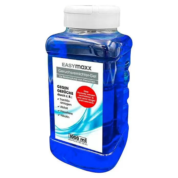 Easy Maxx Geruchsvernichter Gel - 1 l - Eine blaue transparente Flasche EASYmaxx Geruchsvernichter-Gel mit weißem Verschluss, 1000 ml Inhalt.