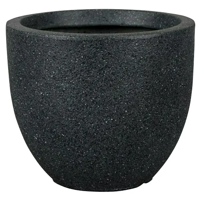 Pflanzkübel rund Minnesota - Außenmaß (Ø x H): 29,5 x 24 cm, Verbundwerkstoff, Schwarz - Nahaufnahme eines runden, getupften Pflanzgefäßes aus einem dunklen Material mit gerader Oberkante und abgerundeter Basis.