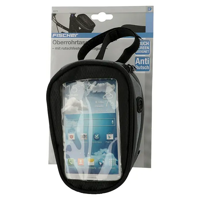 Fischer Oberrohrtasche Premium - Passend für: Smartphones der Größe 3,5 bis 5,5 Zoll - Eine FISCHER Oberrohrtasche mit rutschfestem Material, geeignet für Touchscreen-Geräte, ideal für Radfahrer zur sicheren Aufbewahrung des Handys.