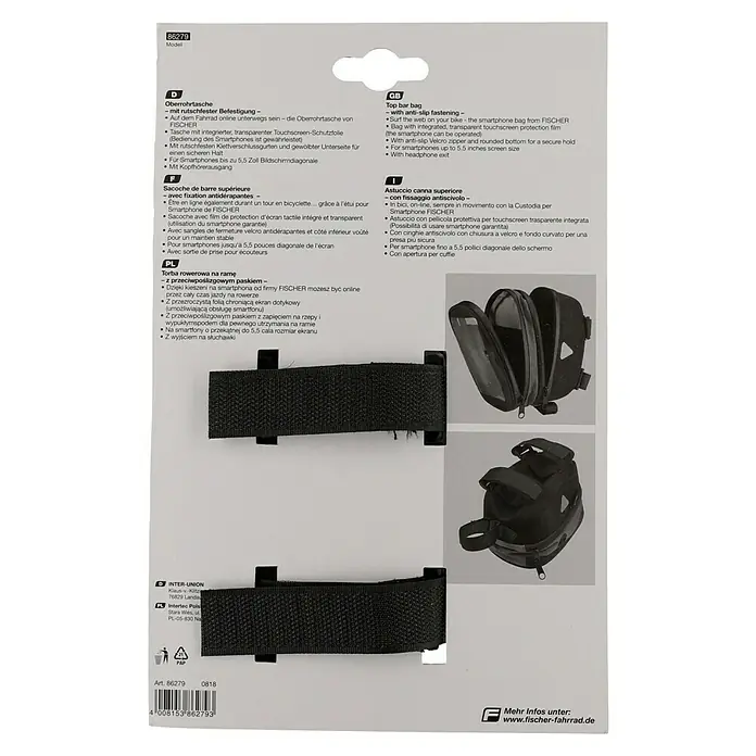 Fischer Oberrohrtasche Premium - Passend für: Smartphones der Größe 3,5 bis 5,5 Zoll - Produktverpackung einer Oberrohrtasche für Fahrräder von FISCHER mit rutschfester Befestigung und transparenter Touchscreen-Schutzfolie.