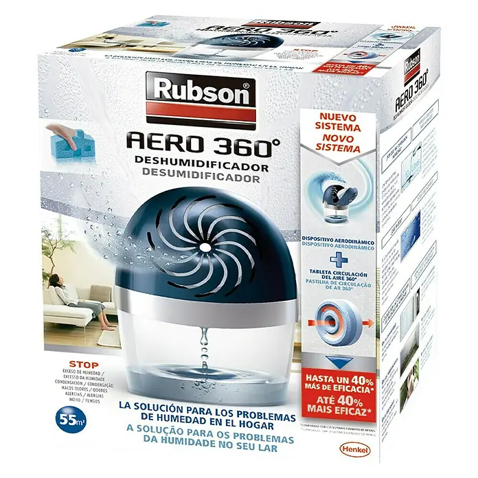 Rubson Deshumidificador Aero 360º - 450 g, Azul, 22 m2 - Paquete del deshumidificador Rubson AERO 360°, que soluciona problemas de humedad en el hogar y ofrece hasta un 40% más de eficacia.