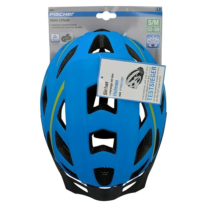 Fischer Fahrradhelm Urban Montis - S/M 52 - 59 cm, Blau - Nahaufnahme des Fischer Urban Fahrradhelms in blau mit gelben Akzenten, Größenangabe S/M (52-59 cm).