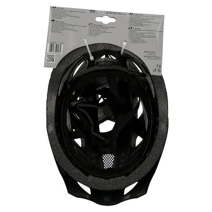 Fischer Fahrradhelm Urban Montis - S/M 52 - 59 cm, Blau - Nahaufnahme des Inneren eines schwarzen Fischer Urban Fahrradhelms mit Polsterung und Riemen.