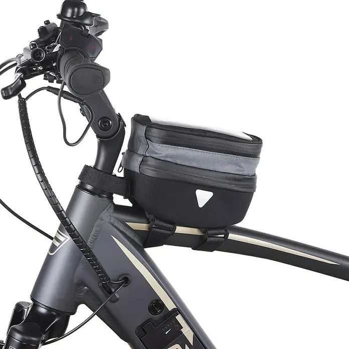 Fischer Oberrohrtasche Premium - Passend für: Smartphones der Größe 3,5 bis 5,5 Zoll - Lenkertasche am Fahrrad mit praktischem Stauraum und einfacher Befestigung für Navigation und Zubehör.