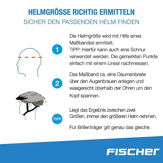 Fischer Fahrradhelm Urban Montis - S/M 52 - 59 cm, Blau - Anleitung zur Bestimmung der Helmgröße mit einem Maßband, um die richtige Passform für Ihren Fischer Helm zu finden.