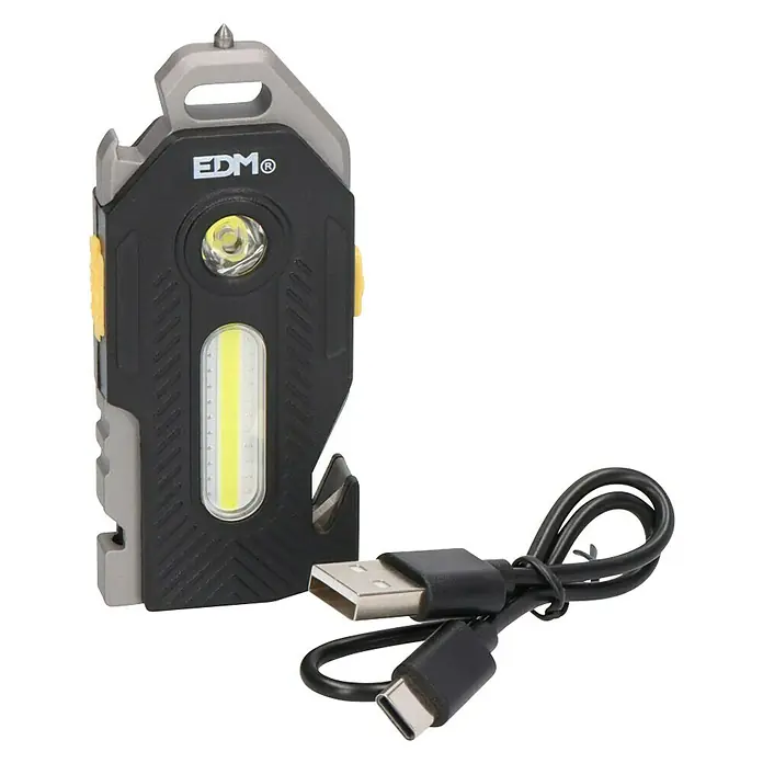 EDM Linterna de seguridad 6 en 1 - 2,1 x 3,9 x 9,2 cm, 40 lm - 180 lm, IP65 - Un versátil multiherramienta EDM® con luz LED y cable de carga USB, ideal para reparaciones y emergencias.