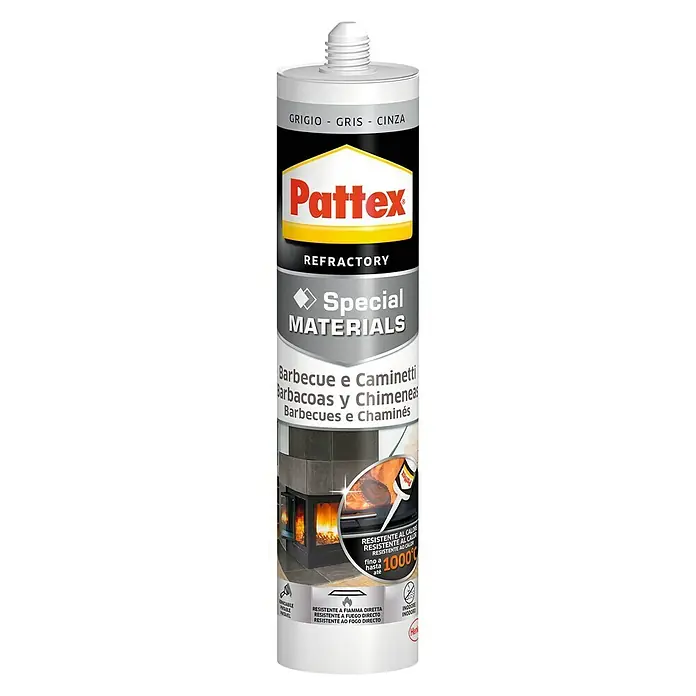 Masilla Barbacoas y Chimeneas - 280 ml, Gris - Imagen de un producto Pattex Refractory Special Materials, ideal para barbacoas y chimeneas, resistente al calor hasta 1000°C.