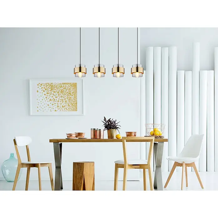 Globo Pendelleuchte rund Milley - 60 W, L x B x H: 111 x 18 x 120 cm, Schwarz, E27, Anzahl Leuchtmittel: 4 Stk. - Ein modernes Esszimmer mit einem Holztisch und vier stilvollen Hängeleuchten mit Goldakzenten.