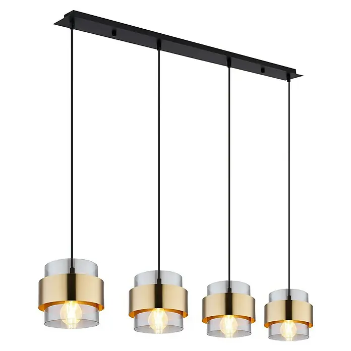 Globo Pendelleuchte rund Milley - 60 W, L x B x H: 111 x 18 x 120 cm, Schwarz, E27, Anzahl Leuchtmittel: 4 Stk. - Elegante Pendelleuchte mit vier goldfarbenen Lampenschirmen, die ein warmes Licht erzeugen und stilvolle Akzente setzen.