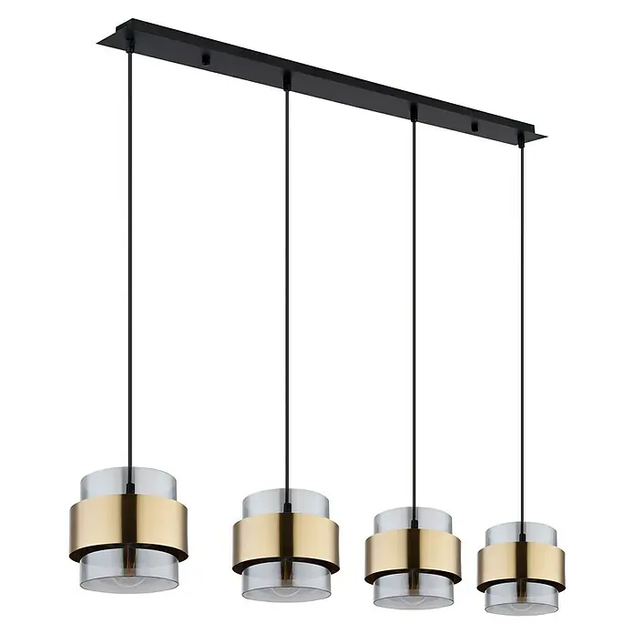 Globo Pendelleuchte rund Milley - 60 W, L x B x H: 111 x 18 x 120 cm, Schwarz, E27, Anzahl Leuchtmittel: 4 Stk. - Elegante Hängeleuchte mit vier Lampen. Das Design kombiniert goldene Akzente mit klarem Glas, ideal für moderne Innenräume.