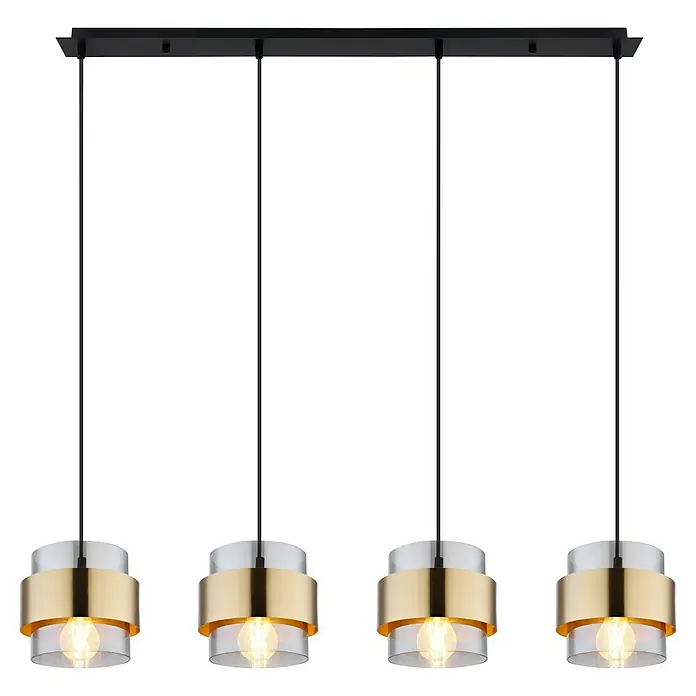 Globo Pendelleuchte rund Milley - 60 W, L x B x H: 111 x 18 x 120 cm, Schwarz, E27, Anzahl Leuchtmittel: 4 Stk. - Elegante Pendelleuchte mit vier Lampen. Die Lampe hat einen goldfarbenen Ring und eine klare, zylindrische Glasschale für einen modernen Look.