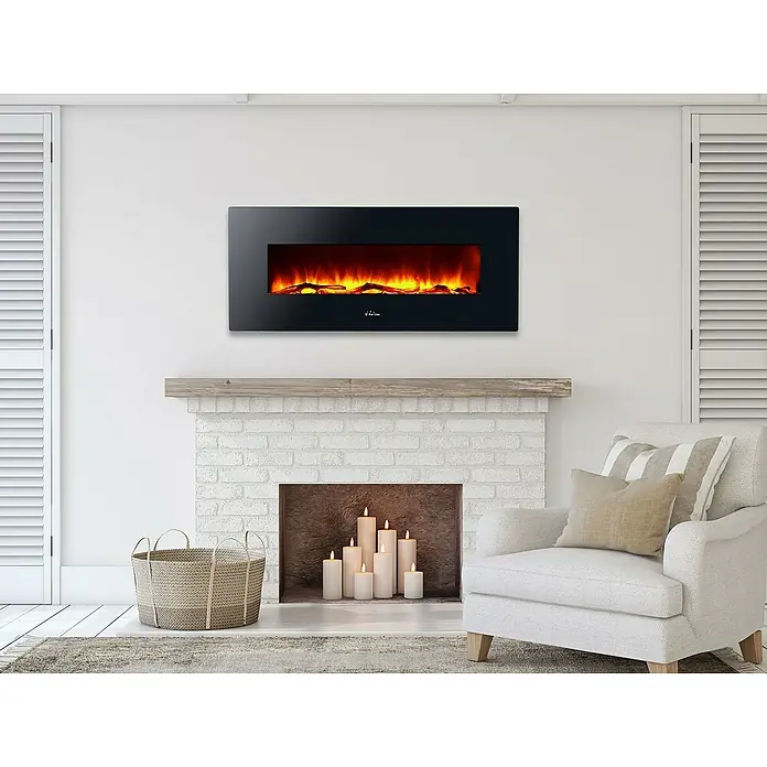 Purline Chimenea eléctrica CHE-515 - Negro, 1.600 W, 13 x 128 x 25 cm - Chimenea eléctrica de pared con llamas brillantes y cálidas, creando un ambiente acogedor en cualquier espacio habitable.