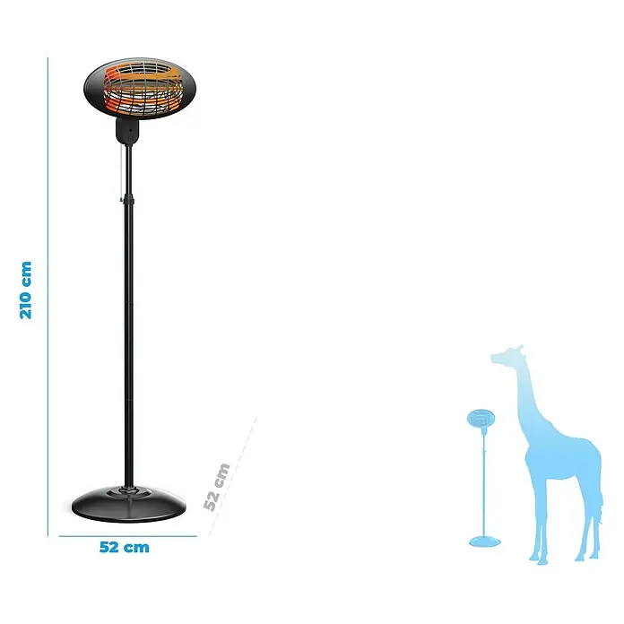 Purline Calefactor halógeno de pie Heaty EX2000 - 2.000 W, Negro - Imagen de un calentador de patio con dimensiones de 210cm de altura y 52cm de diámetro de base.