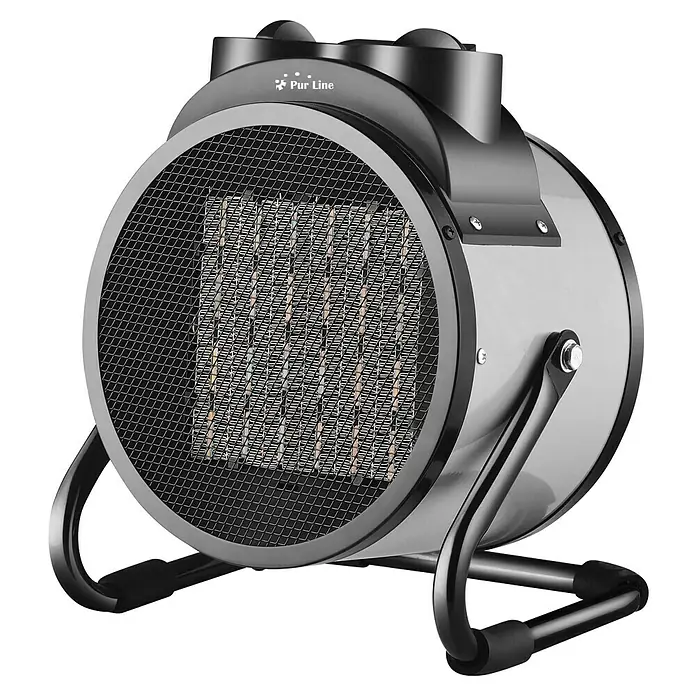 Purline Calefactor industrial HOTI F3000 - 1.500 kW - 3.000 kW - La imagen muestra un calentador portátil Pur Line con un diseño redondo y rejilla protectora, ideal para calentar rápidamente.