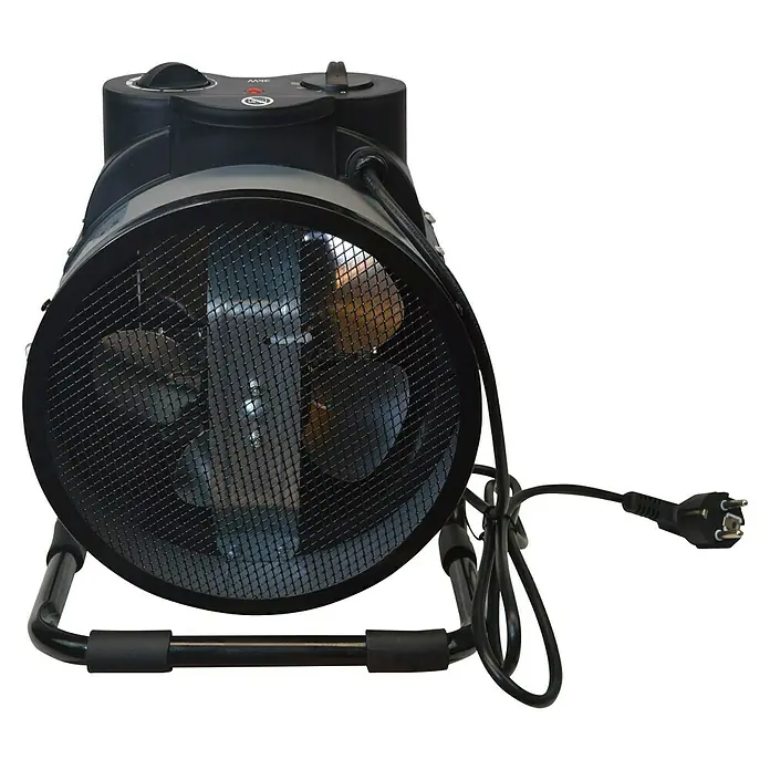 Purline Calefactor industrial HOTI F3000 - 1.500 kW - 3.000 kW - Imagen de un calefactor negro robusto con rejilla protectora y controles. El dispositivo se apoya sobre un marco metálico resistente.