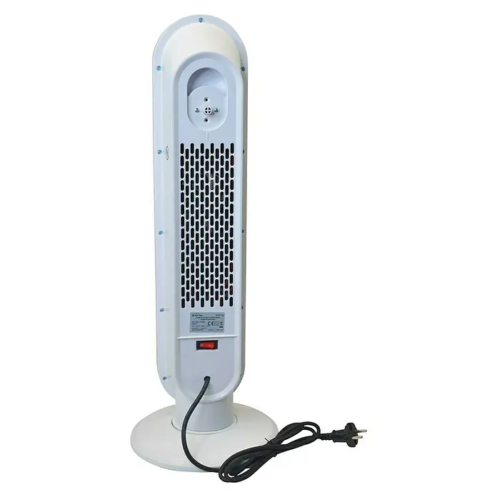 Purline Calefactor de aire digital HOTI T40 - 2.000 W, Negro - Vista trasera de un calentador con ranuras de ventilación e interruptor de encendido, sobre una base redonda y con cable de alimentación.