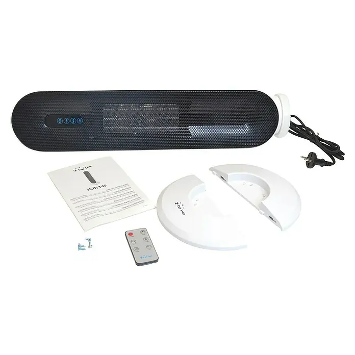Purline Calefactor de aire digital HOTI T40 - 2.000 W, Negro - Imagen del producto del calefactor cerámico Purline HOTI T40 y sus accesorios: bases, mando a distancia y manual de usuario.