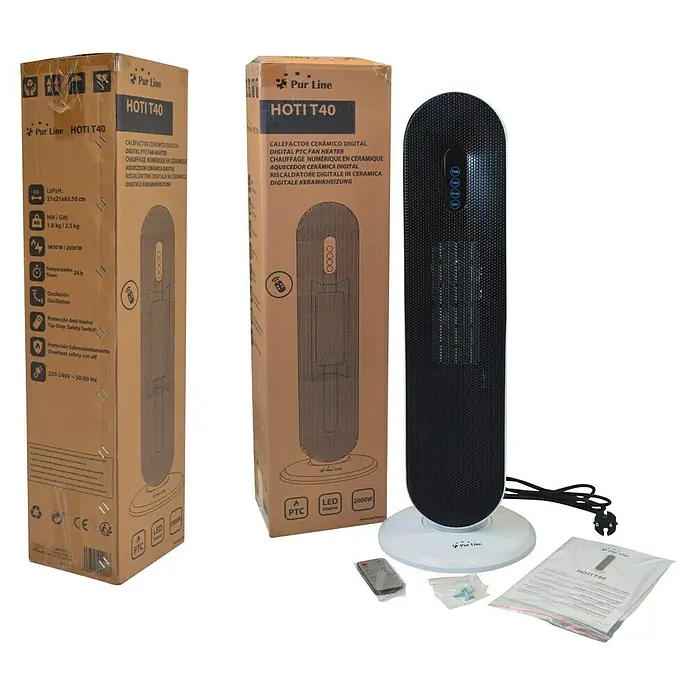 Purline Calefactor de aire digital HOTI T40 - 2.000 W, Negro - Imagen de un calefactor cerámico Pur Line HOTI T40, incluyendo su embalaje, mando a distancia y accesorios.