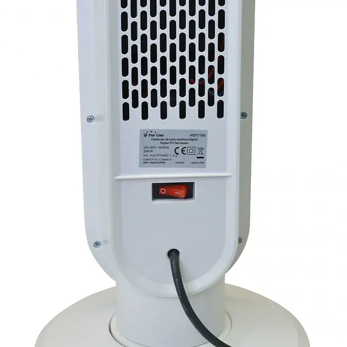 Purline Calefactor de aire digital HOTI T40 - 2.000 W, Negro - Vista trasera de un calefactor cerámico de torre blanco Pur Line HOTI T40, que muestra las especificaciones y un interruptor.