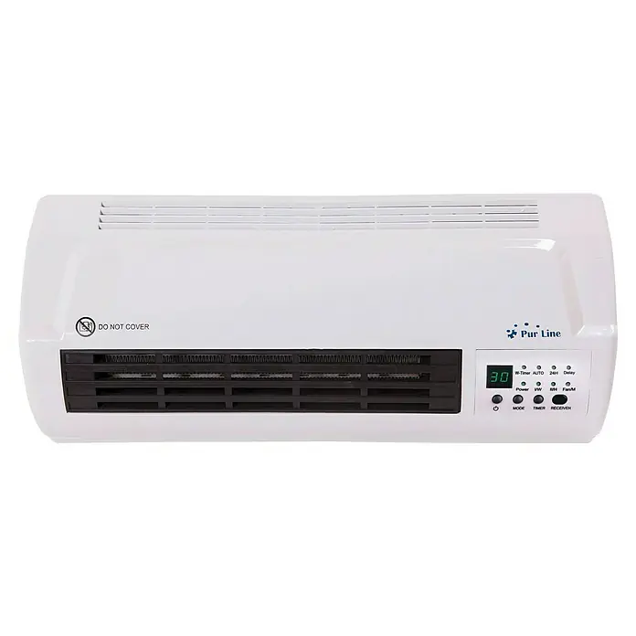 Purline Calefactor de aire Split HOTI M50 - 2.000 W, Blanco - Se muestra un convector de pared Pur Line blanco con pantalla digital y varios botones de control. Una solución de calefacción elegante y eficiente.