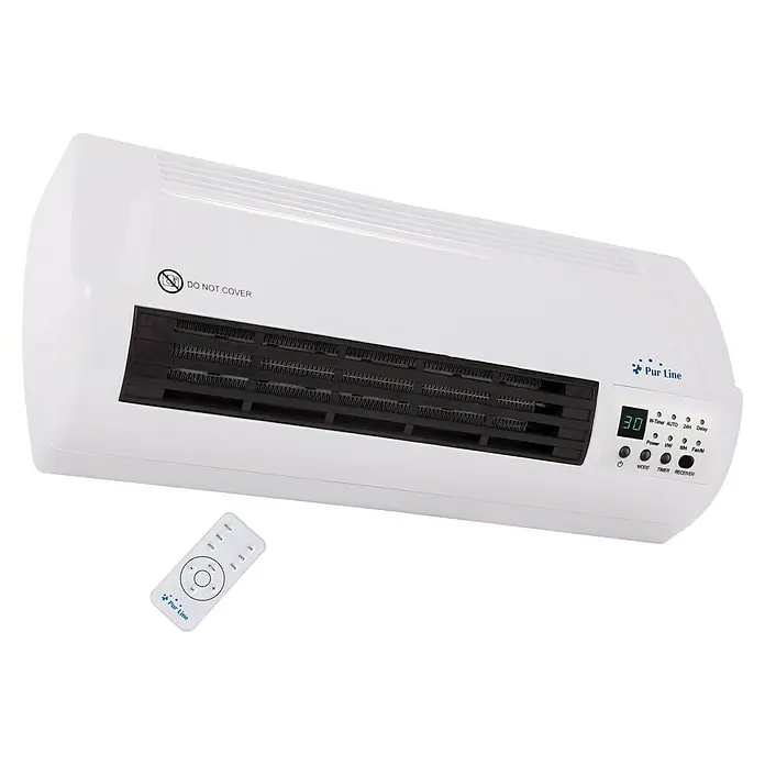 Purline Calefactor de aire Split HOTI M50 - 2.000 W, Blanco - Primer plano de un calentador Pur Line blanco con mando a distancia, que muestra su diseño moderno y eficiente para montaje en pared.