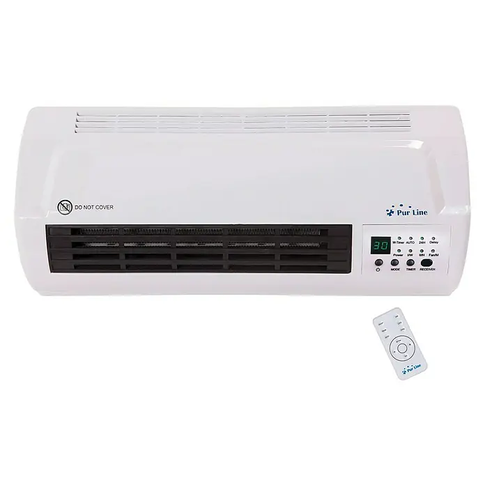 Purline Calefactor de aire Split HOTI M50 - 2.000 W, Blanco - Primer plano de un calentador Pur Line con pantalla digital y mando a distancia.