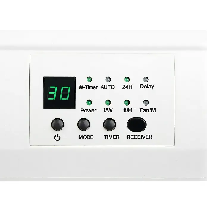 Purline Calefactor de aire Split HOTI M50 - 2.000 W, Blanco - Primer plano del panel de control de un aire acondicionado, con indicadores LED para ajustes como el temporizador, el modo auto y el modo 24H.