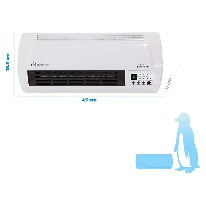 Purline Calefactor de aire Split HOTI M50 - 2.000 W, Blanco - Imagen del producto de un calefactor cerámico de pared Pur Line con dimensiones 45 x 18,5 x 11 cm. Ideal para calentar espacios.