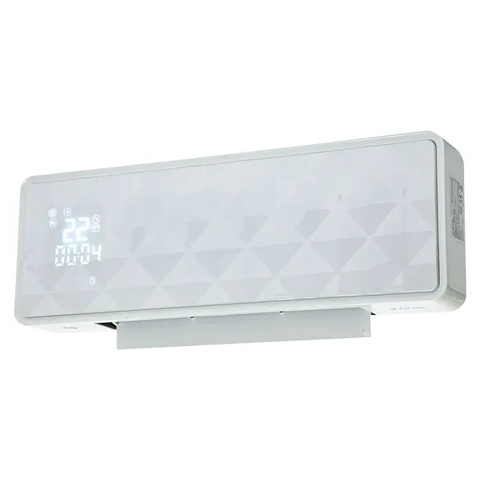 Purline Calefactor de aire HOTI M90 - 2.000 W, Blanco - Imagen de un moderno aire acondicionado blanco con pantalla digital y patrón geométrico para un ambiente agradable.