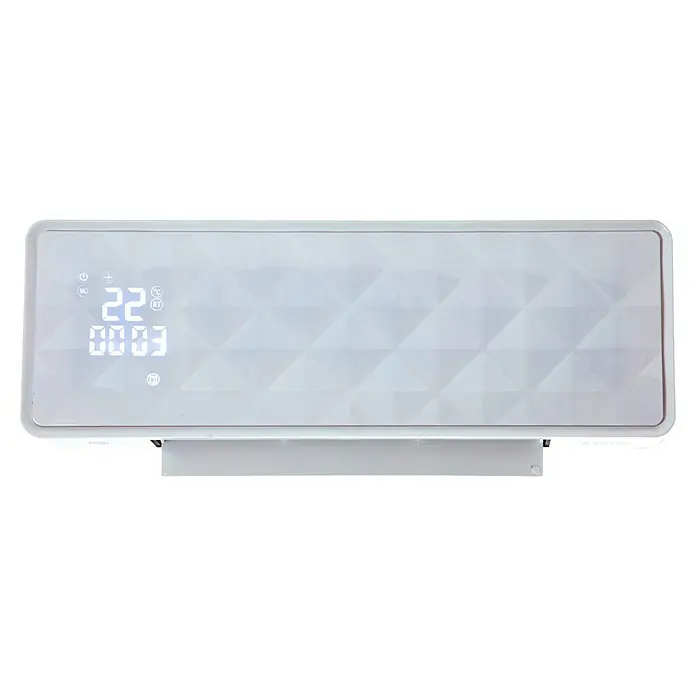 Purline Calefactor de aire HOTI M90 - 2.000 W, Blanco - Un moderno dispositivo de calefacción blanco con una pantalla digital que muestra una temperatura de 22 grados y la hora 00:03. Diseño elegante.