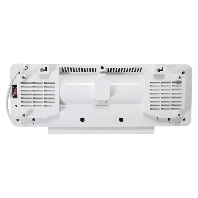 Purline Calefactor de aire HOTI M90 - 2.000 W, Blanco - Vista trasera de un calentador blanco con ranuras de ventilación, orificios para colgar y un interruptor de alimentación.