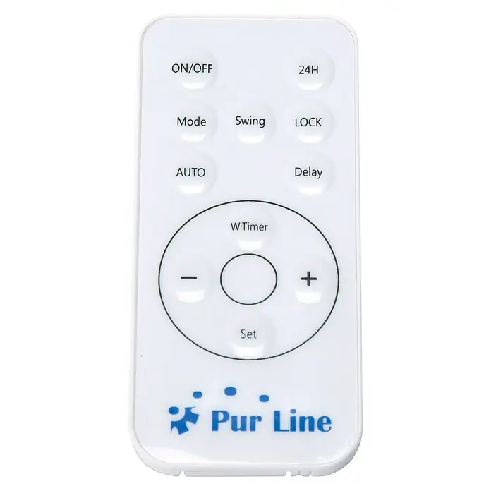 Purline Calefactor de aire HOTI M90 - 2.000 W, Blanco - Primer plano del mando a distancia Pur Line, que muestra los botones de encendido/apagado, modo, automático, temporizador, establecer, retraso y bloqueo.