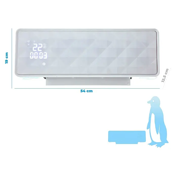 Purline Calefactor de aire HOTI M90 - 2.000 W, Blanco - Imagen del producto de un calefactor blanco, de 54x19x12,5 cm, para ilustrar el tamaño.