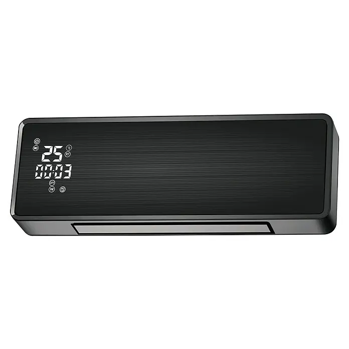 Purline Calefactor de aire HOTI M100 - 2.000 W, Negro - Imagen de un calefactor que muestra 25 grados Celsius con un temporizador establecido en 00:03 en una pantalla digital. Ideal para ajustar la temperatura.