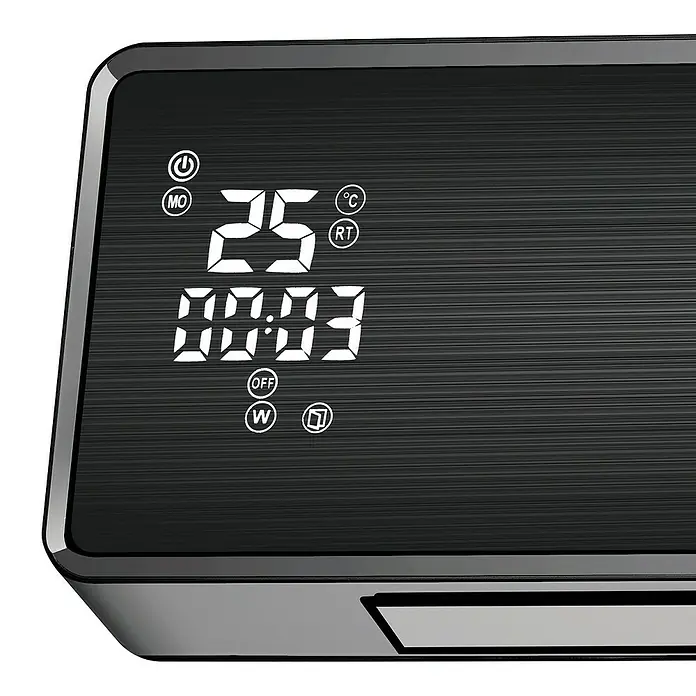 Purline Calefactor de aire HOTI M100 - 2.000 W, Negro - Primer plano de un elegante calentador negro con una pantalla digital que muestra 25 grados Celsius y una hora de 00:03.