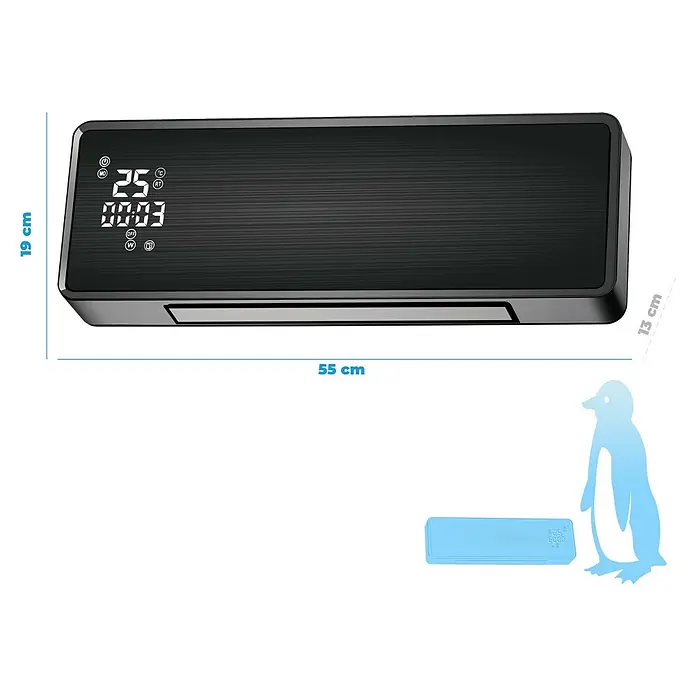 Purline Calefactor de aire HOTI M100 - 2.000 W, Negro - Imagen del producto de un calentador con las dimensiones 55 cm de largo, 19 cm de alto y 13 cm de profundidad.