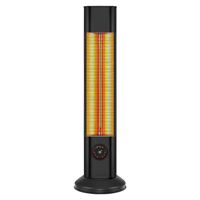 Purline Calefactor halógeno Heaty EX2000 CA - 15 x 15 x 95 cm, 2.000 W, Negro - Un calefactor de espacio delgado y negro que cuenta con un panel de control y un elemento que emite luz amarilla cálida.