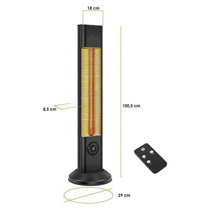 Purline Calefactor halógeno Heaty EX2000 CA - 15 x 15 x 95 cm, 2.000 W, Negro - Imagen de un calentador de torre con mando a distancia y medidas de altura, anchura y profundidad. El aparato es negro y delgado.