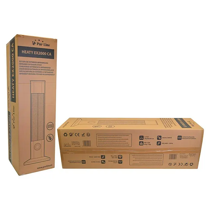 Purline Calefactor halógeno Heaty EX2000 CA - 15 x 15 x 95 cm, 2.000 W, Negro - Embalaje de cartón para estufa de exterior Pur Line HEATY EX2000 CA, ideal para uso en exteriores. Tamaño compacto de 29x29x105 cm y potencia de 1000 W/2000 W.
