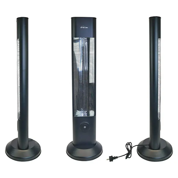 Purline Calefactor halógeno Heaty EX2000 CA - 15 x 15 x 95 cm, 2.000 W, Negro - Imagen de un ventilador de torre Pur Line que se muestra en una vista triple, mostrando un diseño elegante y moderno.