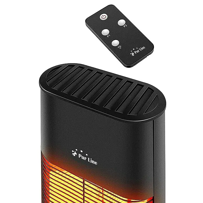 Purline Calefactor halógeno Heaty EX2000 CA - 15 x 15 x 95 cm, 2.000 W, Negro - La imagen muestra un primer plano de un calentador de infrarrojos Pur Line, junto con un mando a distancia que flota sobre el dispositivo.
